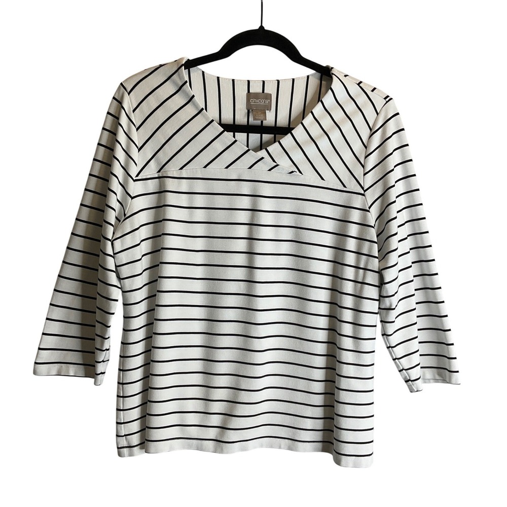 Chico's Sailor Stripe Nautical Top Stretch Jersey 3/4 Sleeve Casual 2/L/12